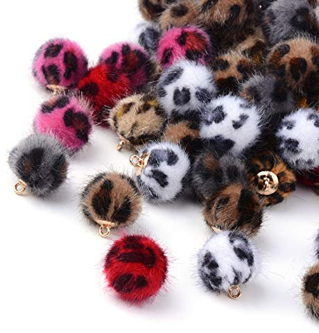 Craftdady 50 Stück Plüschstoff Leopardenmuster Pompon Ball Charm Anhänger flauschig Stoff Pelz Pompons mit goldener Kappe für baumelnde Ohrringe Schlüsselanhänger Schmuckherstellung