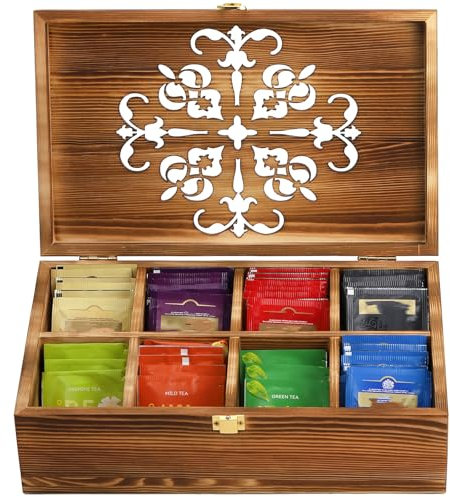 Coloch Wooden Tea Bag 8-Compartment Storage Box with Carved Lid, Bamboo Tea Chest Organizer Spice Packets Container for Living Room, Kitchen, Office, Home Decor