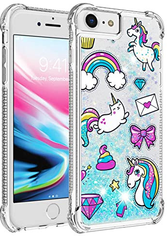 Leton Hülle für iPhone SE 2022/2020/7/8 Glitzer, Flüssig Treibsand Handyhülle iPhone SE 2022/2020/7/8 Transparent Silikon Soft Weic TPU Case Schutzhülle Cover für Mädchen Frauen Einhorn
