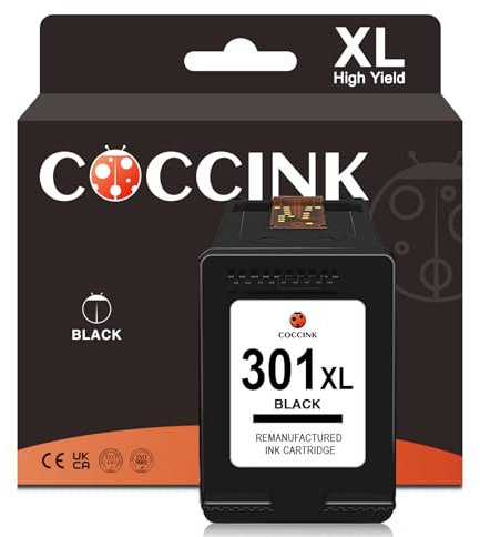 COCCINK 301XL Druckerpatronen für HP 301 XL für Deskjet 1000 1010 1050 1510 2050 2510 2540 3000 3050 Envy 4500 5530 OfficeJet 2620 4636 Ink Advantage 2515 Wiederaufbereitete Patronen(1 Schwarz)