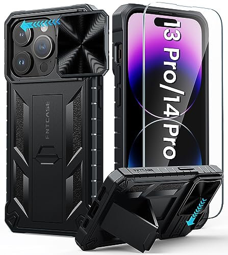FNTCASE für iPhone 14 Pro Hülle: Stoßfeste Robust Militär-Grade Fallschutz Hülle mit Ständer TPU Matte Hybrid Heavy Duty Harte Bumper rutschfest Schutzhülle Cover für iPhone 13/14 Pro Schwarz