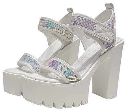 Sommer EIN-Wort Gürtel Open Toe Pailletten wasserdichte Plattform Dick-Sohlen Sandalen 13 cm High-Heeled Bühne Performance Catwalk Schuhe,Weiß,39 EU