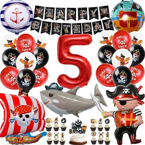 JJJZAMZ Piraten Geburtstagsdeko Jungen 5 Jahre, Piraten Deko Kindergeburtstag Junge, Deko 5. Geburtstag Junge Set mit Piraten Kuchen Deko, Piraten Luftballons für Piraten Party Kindergeburtstag Deko