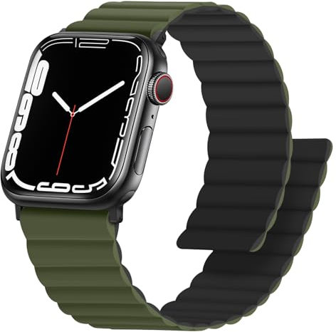 Anlinser Compatible avec Bracelet Apple Watch 42mm 41mm 40mm 38mm, Bracelet Silicone Magnétique Réversible Double Face pour iWatch Série 10 9 8 7-1 SE (Vert/Noir)
