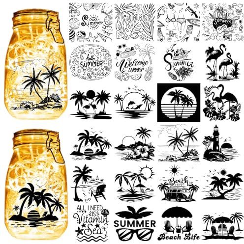 CREATCABIN 24Pcs Baumsilhouetten,Einmachglas-Dekor,Glasglas-Aufkleber,Sommerthema,Laternenausschnitte,Hawaiianischer Stil,Silhouette Für Gläser,Wände,Fenster-Dekorationszubehör,10x9cm Ohne Aufkleber