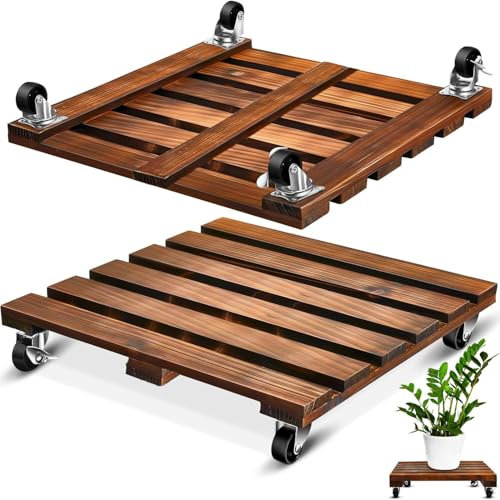 CHAMSUREUK 2 Pack 30CM-12 Inch Plant Caddy Wood Plant Stands with Wheels Plant Pot Trolley with Metal Lockable Caster Wheels Heavy Duty Rolling Plant Stand for Indoor Outdoor Home Garden