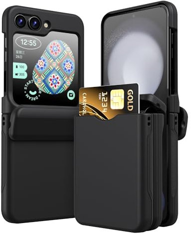 Draamvol Samsung Galaxy Z Flip 6/ Z Flip 7 FE Phone Case, Card Slots Ultra-Thin Hard PC Cover Shockproof TPU Metal Strip Hinge Protection Bumper Skin Matte Coating Case, Black