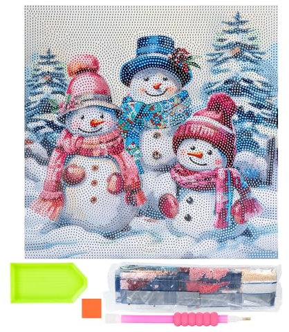 Ideen mit Herz Diamond-Painting-Motivleinwand auf Keilrahmen | 30 cm x 30 cm | Set inkl. Werkzeug (Schneemannfamilie 1)