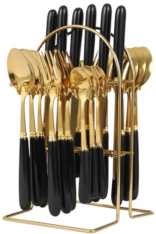 24 Pieces Cutlery Set with Holder 401 Stainless Steel Knife Fork Spoon Teaspoons Set Service for 6 Person Hanging Flatware Set (Gold Black)
