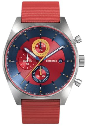 DeTomaso Herrenuhr D10 Chronograph in Blue Red - Armbanduhr an rotem Ocean Plastic-Armband - aus 316L Chirurgenstahl mit einem Quarzuhrwerk & saphirgehärtetem Mineralglas – 43 mm
