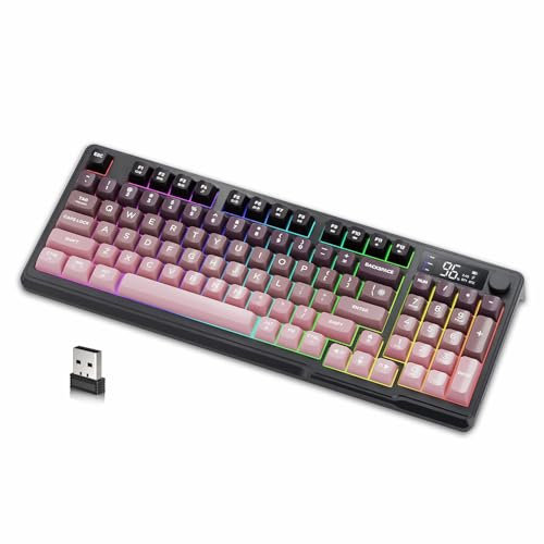 M96 Teclado Inalámbrico para Juegos, Modo Dual con 2.4G y BT5.0, Teclado Semi-mecánico Membrana 94 Teclas con Pantalla y Perilla, Teclas PBT Degradado QWERTY, Rainbow Backlit, 3000mAh - Blackberry