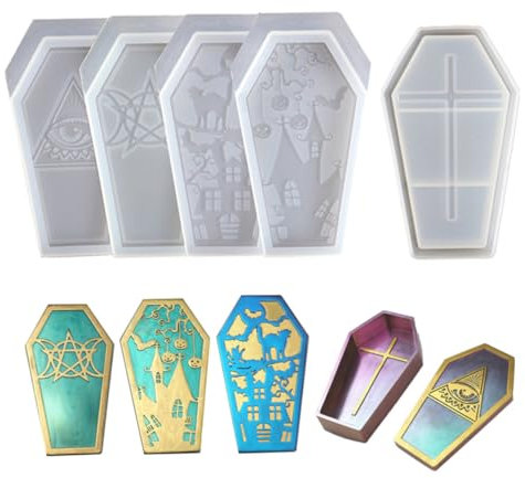 Halloween Sarg Silikonform 4pcs Schmuck Aufbewahrung Box Harzgussform mit Deckel leicht zu freigeben Sargblütenblüten Moulddiy Accessoire Halloween Silikon