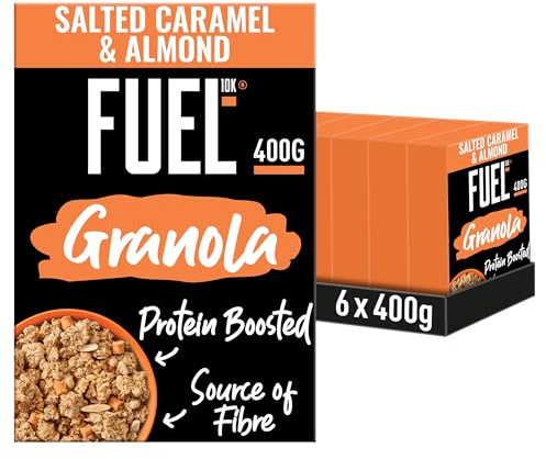 FUEL10K Protein Boosted Salted Caramel & Almond Granola, 400 g (6-Pack) | Source of Fibre, Vitamin Boosted, Wholegrain Oven-Toasted Crunchy Oats and Wheat Clusters, Convenient Breakfast or Snack