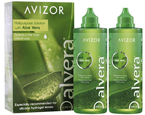 Kontaktlinsenflüssigkeit AVIZOR Alvera 2 × 350 ml im Etui. Lösung zur Reinigung und Desinfektion aller Arten von weichen Kontaktlinsen.