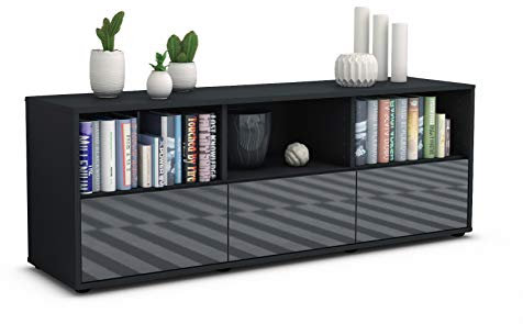 Stil.Zeit TV Schrank Lowboard Amalia, Korpus anthrazit matt, Front Hochglanz Design Grau Graphit (135x49x35cm), Push to Open Technik & Leichtlaufschienen