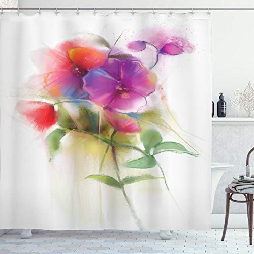 ABAKUHAUS Floral Duschvorhang, Blühende Orchidee Pastell, Stoffliches Gewebe Badezimmerdekorationsset mit Haken, 175 x 180 cm, Violett Grün