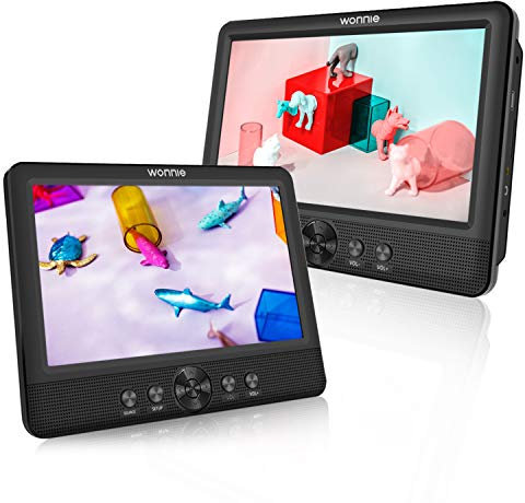WONNIE 10.5 Inch DVD Player Portable Car Two Monitors Player with Powerful Stereo Speakers, 1024 * 600 HD Headrest Mount Dual Screen, USB/SD/AV IN & Out (2 DVD Players)