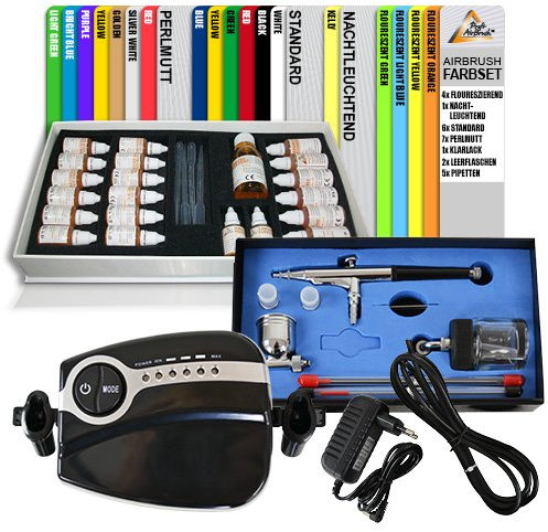 AirBrush Set CARRY II für Ihr HOBBY mit Airbrush Kompressor - 19-tlg. Airbrushfarben auf Alkoholbasis, Set AIRBRUSHPISTOLE DOUBLE ACTION mit 0,2/0,3/0,5mm Düsen, Fließbecher+Glas Airbrush Komplett Set