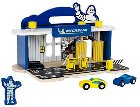 Theo Klein 3403 MICHELIN Service Station with 2 cars, wood I Incl. lifting platform and fuel pumps I Compatible with wooden tracks I Toy for children from 3 years