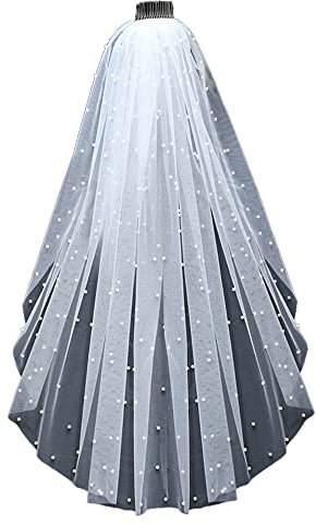 azaleas Hochzeitsschleier mit Kamm, 1 Ebene, Fingerspitze und Domlänge, Perle (V05) - - Einheitsgröße