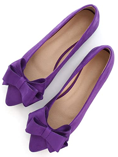 SAILING LU Bowknot Ballet Flats Womens Pointy Toe Casual Flat Shoes Suede Dress Shoes Wear to Work Slip On Moccasins, E-purple-8232, 6 UK