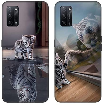 DiaryTown 2 Pack Hülle für Oppo A16 / A16S / A55 5G / A54 4G Liquid Silikon Handyhülle mit Motiv Schutzhülle Ultra Dünn TPU Bumper Rundumschutz Schwarz Case für Cover Oppo A16 - Katze & Tiger