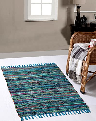 Second Nature Online - Grüner Mehrfarbiger Festlicher Teppisch | Lang | Handgefertigte und Wendbare Matte | GoodWeave Zertifiziert | 60 cm x 90 cm