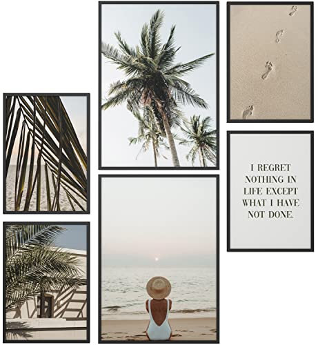 Papierschmiede® Mood Poster Set Coco Coco Beach, Gerahmte Bilder (Rahmen: Material und Farbe wählbar), Wohnzimmer Deko Wandbilder Schlafzimmer, 2x A3 und 4x A4, Palmen Strand Beige Grün