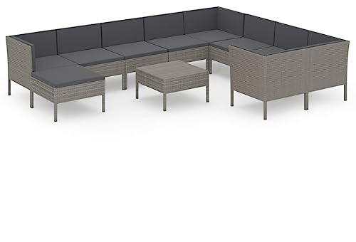 vidaXL Gartenmöbel 11-TLG. mit Auflagen Sitzgruppe Sofa Lounge Garten Garnitur Gartenset Gartensofa Mittelsofa Ecksofa Tisch Fußhocker Poly Rattan Grau
