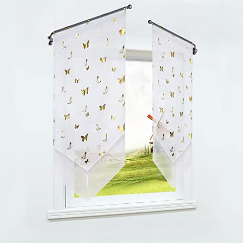 CORLIF Scheibengardine mit Tunnelzug Vorhang Küche Bistrogardinen Panneaux Voile Kurzgardine Transparent Gardinen mit Schmetterling Druck Gold BxH 80x150cm 1 Stück