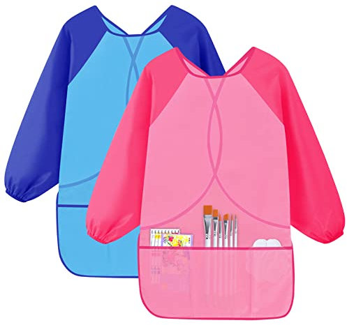 Cozlly 2PCS Kids Art Aprons for Age 7-12 Years Girls Boys, Kids Art Smock Toddler Children, Artist Painting Aprons Long Sleeves with 3 Pockets, Waterproof Play Apron for Painting, Craft, School (B)