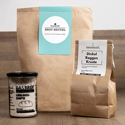 Brotbeutel - DAS BROT AUS DEM GLAS, Brotbackmischung & Form – ideal als Einzugsgeschenk, als Geburtstagsgeschenk, oder als Gastgeschenk, 1 Glas Lieblingsknifte & Dinkel-Roggen-Kruste