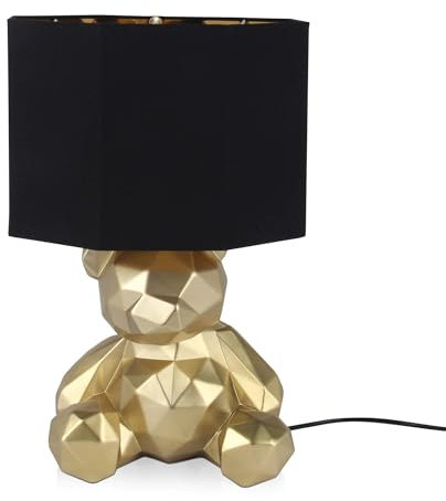 ADM - 'Facettiertes Bärchenr' - Tischlampe mit moderne Skulptur aus Harz Metalleffekt und Lampenschirm aus Stoff mit kunststoffbeschichteter Innenseite - Gold - H53 cm