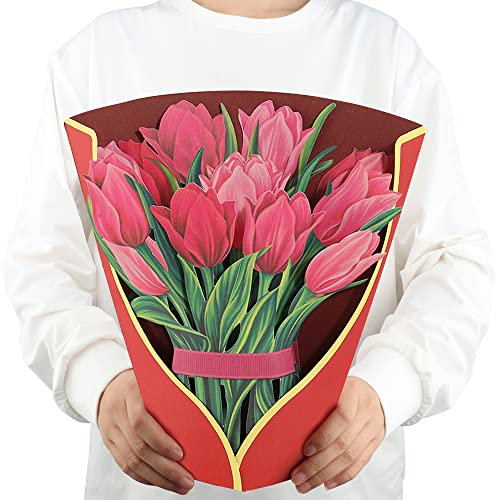 3D Pop-up Blumenstrauß Grußkarte,Muttertag Karte 12''Größe Handgemachtes Geschenk,Ideal für Lehrertag,Abschlussfeier,Geburtstagsgeschenk,für Mütter,Lehrer oder Freunde (Rosa Tulpe)