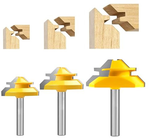 TOTOWOOD 45 Degree Lock Miter Router Bit 3-Piece Set, for 31/64, 37/64,3/4 Cutting Height, 1/4 Inch Shank.Woodworking Tools Joint Router Bits (3PCS 1/4 Shank)