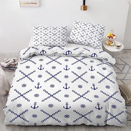 Bettwäsche Set 220x240cm Anker Bettbezug 220x240 Nautisches Schiff, Ankermuster Bettbezug Set 3 Teilig Mikrofaser Wendebettwäsche Mit Reißverschluss und 2 Kissenbezug 80 x 80 cm