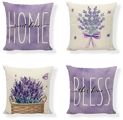 4er Set Lila Kissenbezug 45x45 cm mit Lavendel Muster Design, Soft Beidseitig Kissenbezüge Quadratische Kissenhülle für Wohnräume Sitzgelegenheiten, Betten und Stühle Dekokissen Mit Reißverschluss