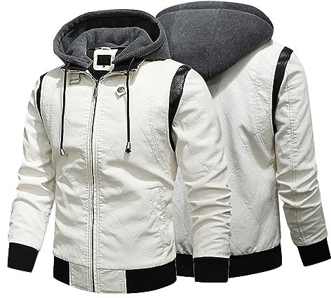 LUNULE Jacken Für Jungen Zip Hoodie Herren Schutzjacken Herbst Winter Patchwork Leder Zipper Hoodies Mit Taschen Casual Warm Outdoor Wanderjacke (Weiß, L)