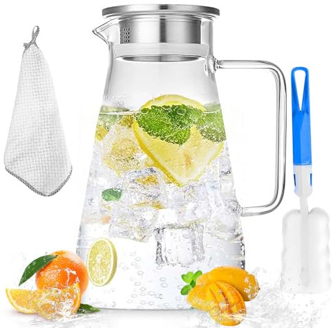 Carafe en Verre de 1,8L, Pichet en Verre avec Couvercle, Cruche d'eau en Verre Borosilicaté, Transparent Pichet à thé Glacé avec Brosse, Carafe Eau en Verre pour Jus, Boisson Froide et Chaude