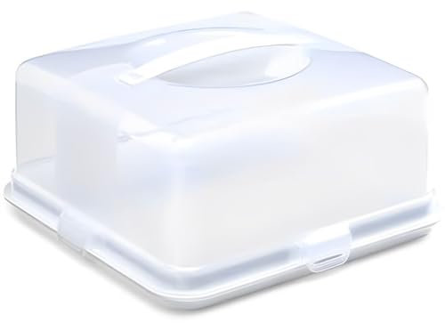 ANGIX 1 x Square Cake Box with Handle, 4 Locking Clips, Portable Cake Container, Clear Plastic Cake Carrier, Transparent Cake Holder with Lid for Transporting, Storing & Displaying Cakes