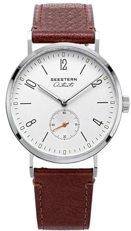 Seestern S382 Mechanische Automatikuhr Stahl Braun Weiß Leder Saphir Herrenuhr, braun, Armband