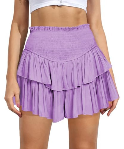 Mini gonna da donna a vita alta con volant a strati orlo a volant svasato fluida casual swing spiaggia mini gonna corta albicocca, Lilla, M