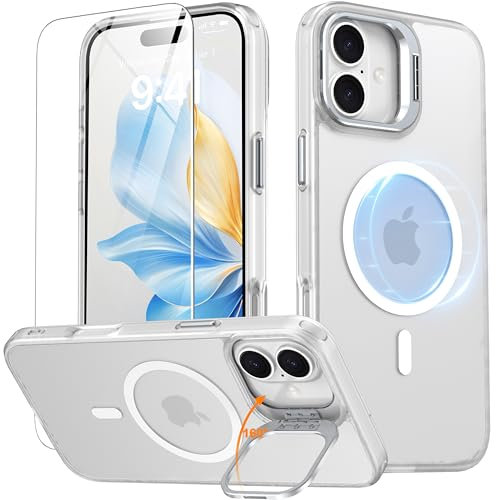 Oterkin Magnetic & Stand for iPhone 16 Case with 9H Screen Protector [Fit for Magsafe][Lens Metal KickStand][Colorful Frame] Translucent Matte Back Slim Shockproof Phone Case for iPhone 16, Clear