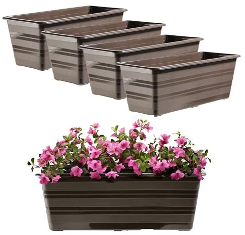 KADAX Set da 4 x 40 cm, colore: marrone, vaso da balcone in plastica, resistente alle intemperie, vaso per fiori, ringhiera per fiori