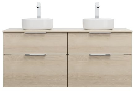 burgbad Eqio Keramik-Aufsatzwaschtische rund, inklusive Waschtischunterschrank mit 4 Schubladen, Breite 1400mm, SGUO140F3180C0001G0146, Farbe: Eiche Dekor Cashmere/Eiche Dekor Cashmere, Griff Chrom