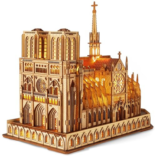 FUNPOLA LED Puzzle 3D en Bois - Notre Dame de Paris Maquette en Bois à Construire Édition Nocturne avec éclairage LED - Kit de Construction de maquettes d'architecture à Faire soi-même
