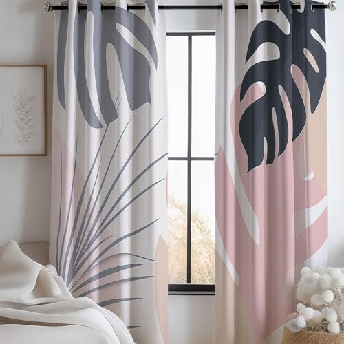 CozyRest lichtundurchlässige Vorhänge Pflanze Palmblatt Monstera Ösen Gardinen mit Vorhang Kälteschutz Blackout Curtain Kinderzimmer Schlafzimmer Verdunkelung Fenster, 2 Stück, 160 x 70 cm