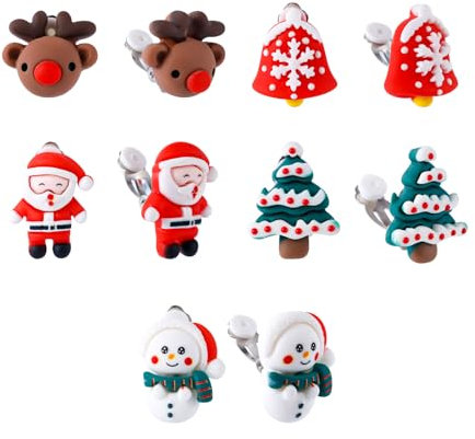 5 Paar Weihnachts-Ohrclips, 5 Stile Clip Ohrringe mit Weihnachtsmann Schneemann Elch Weihnachtsbaum Glocke für Frauen