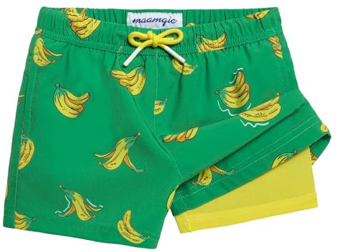 MaaMgic Badehose Jungen Kinder | Schnelltrocknend Kurz Swim Shorts für Kleine | 2 in 1 Badeshorts mit Kompression Innenhose Taschen Verstellbare Tunnelzug MEHRWEG,Grasgrün Gleb Bananen,7 Jahre