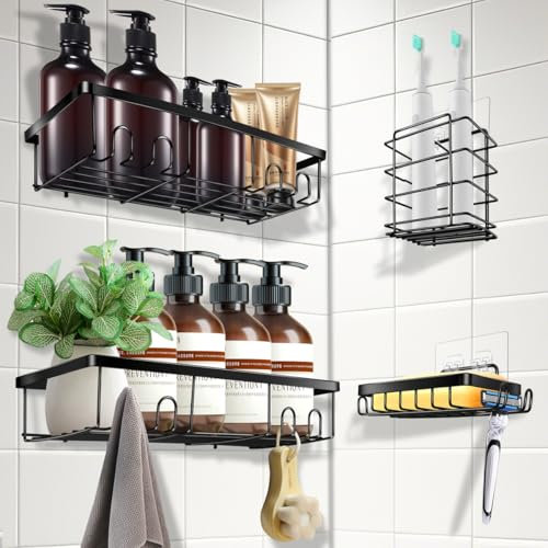 GOUNNU Étagère de Douche sansPerçage, 4 Pièces Rangement et Organisation de la Salle de Bain, Rangement Douche pour Salle pour Chambres et Cuisines, Etagere Douche avec Crochets, Porte Savon Douche